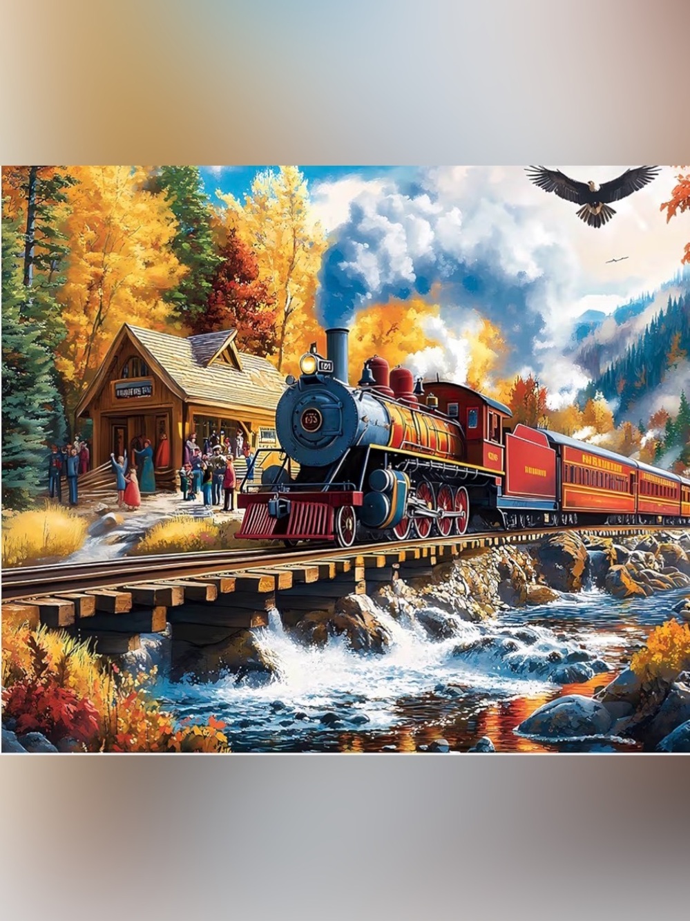 500-Piece Fall Train Jigsaw Puzzle – Orange Red & Blue Scenic Locomotive - Picture 3 of 4
